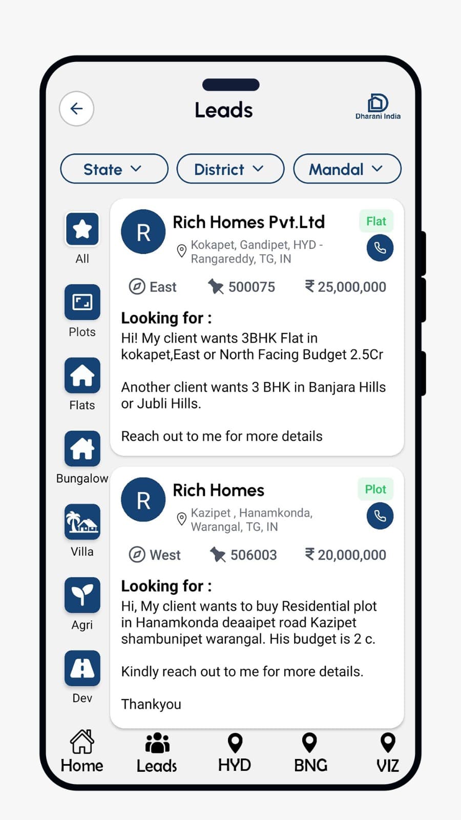 Dharani India app: buyer leads from agents